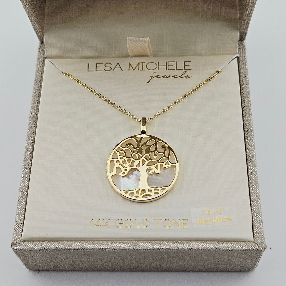 Lesa Michele 14K Gold Tone Chain Tree Of Life Pendant Necklace New In Gift Box